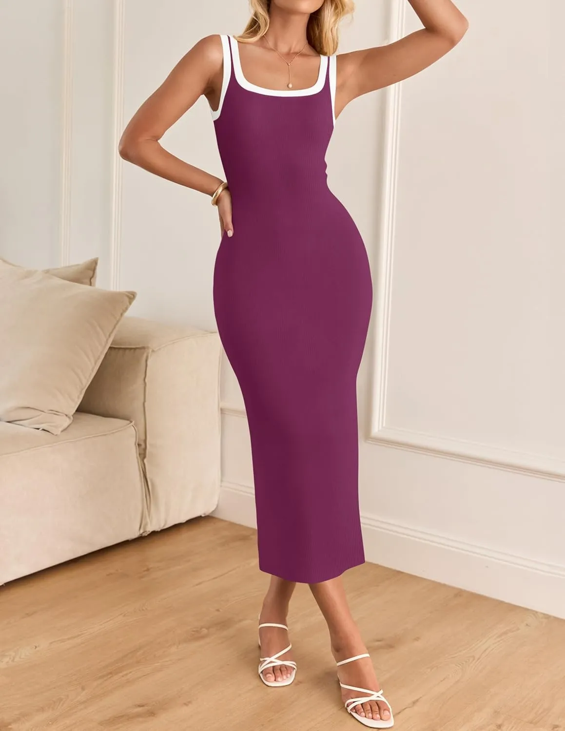 ZESICA Women's 2025 Summer Bodycon Midi Dress Casual Sleeveless Square Neck Side Slit Knit Vacation Long Dresses
