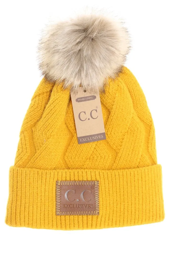 Zig Zag Cable Knit Fur Pom- HAT2298