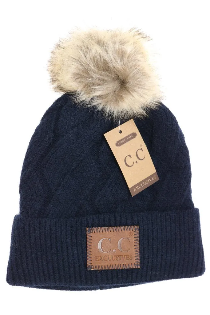 Zig Zag Cable Knit Fur Pom- HAT2298