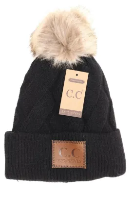 Zig Zag Cable Knit Fur Pom- HAT2298