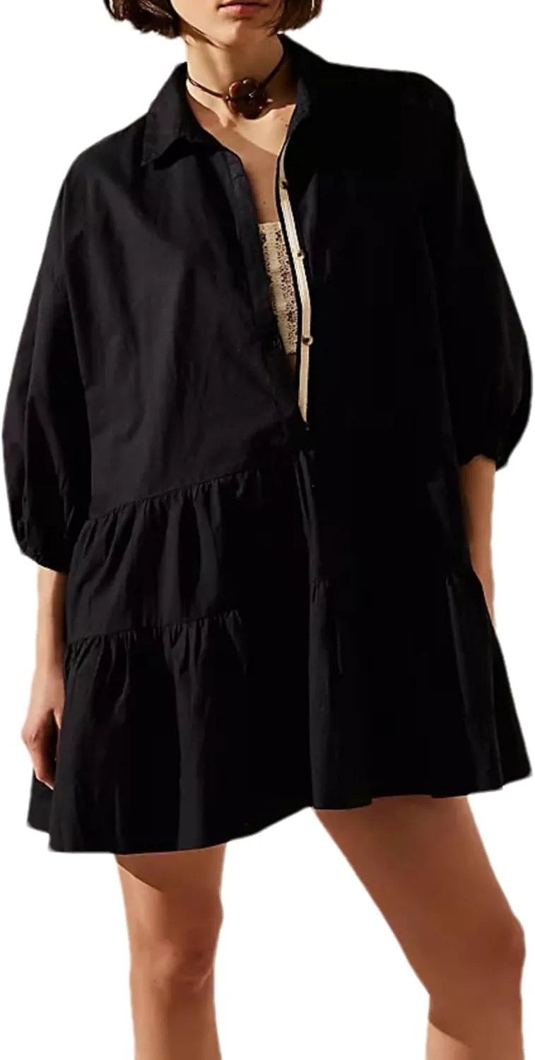 Zontroldy Women's Oversized Casual Collared Babydoll Mini Dresses Puff Sleeve A-line Tiered Shirt Tunic Dress