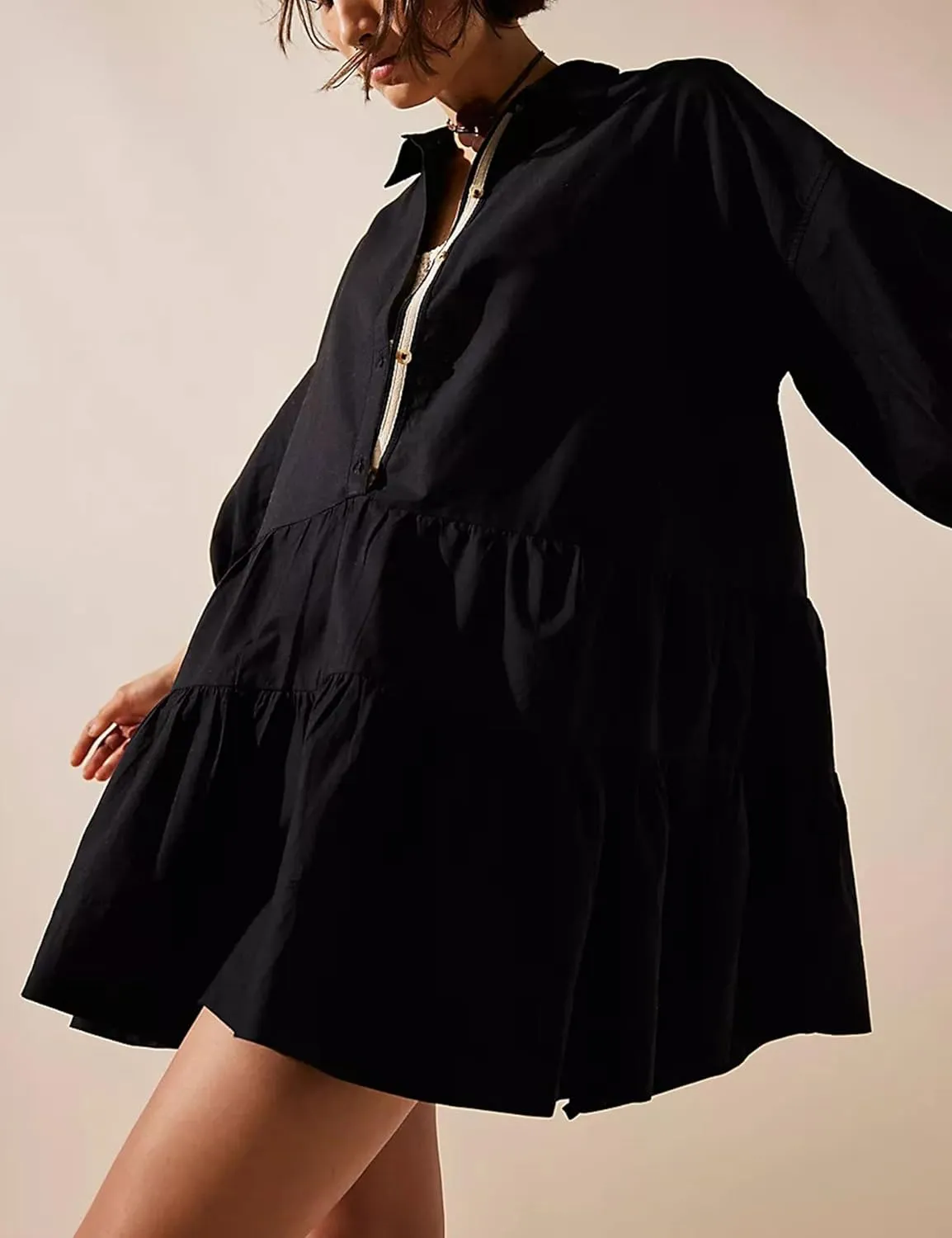 Zontroldy Women's Oversized Casual Collared Babydoll Mini Dresses Puff Sleeve A-line Tiered Shirt Tunic Dress