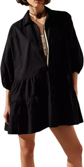 Zontroldy Women's Oversized Casual Collared Babydoll Mini Dresses Puff Sleeve A-line Tiered Shirt Tunic Dress